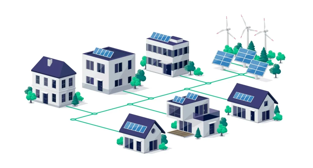 Residential,City,Town,Buildings,Connected,To,Renewable,Solar,Wind,Power